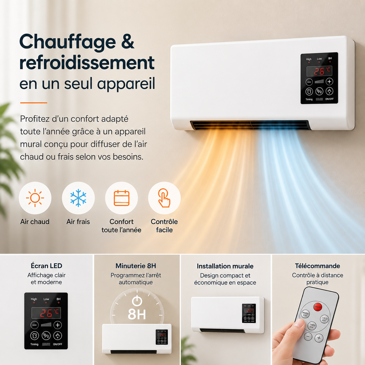 Climatisation | Chauffage et Refroidissement | Monté au Mur avec Télécommande