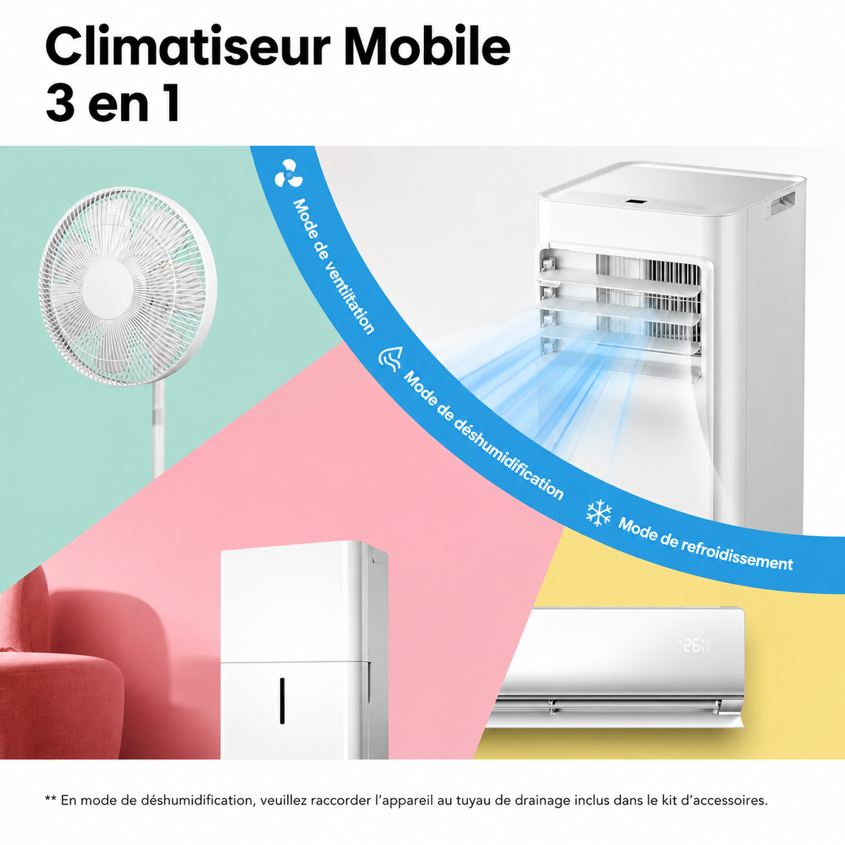 Comfee Breezy Cool 2.6 climatiseur mobile connecté 9000 BTU 2,6 kW 3-en-1, R290, app, 33 m²