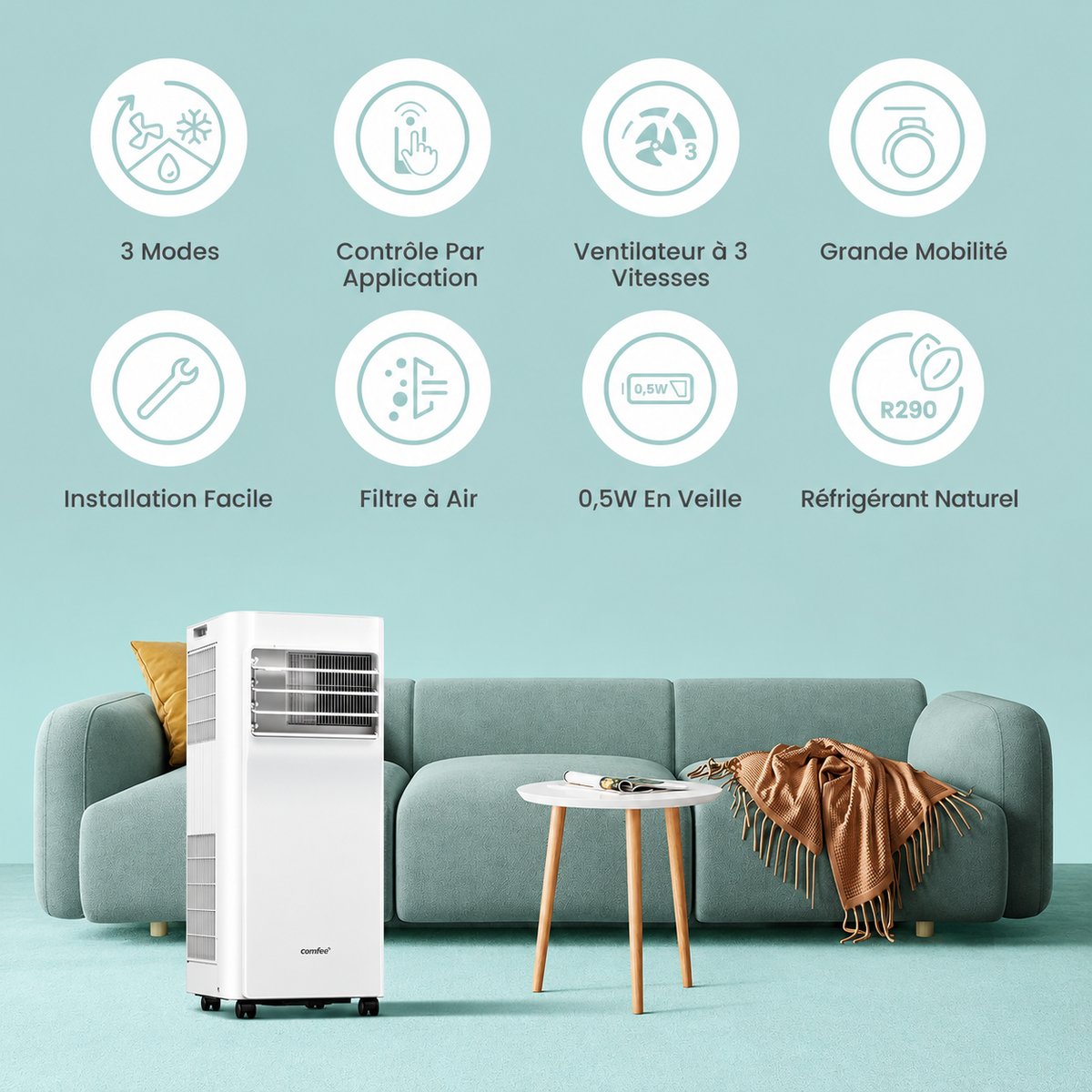 Comfee Breezy Cool 2.6 climatiseur mobile connecté 9000 BTU 2,6 kW 3-en-1, R290, app, 33 m²